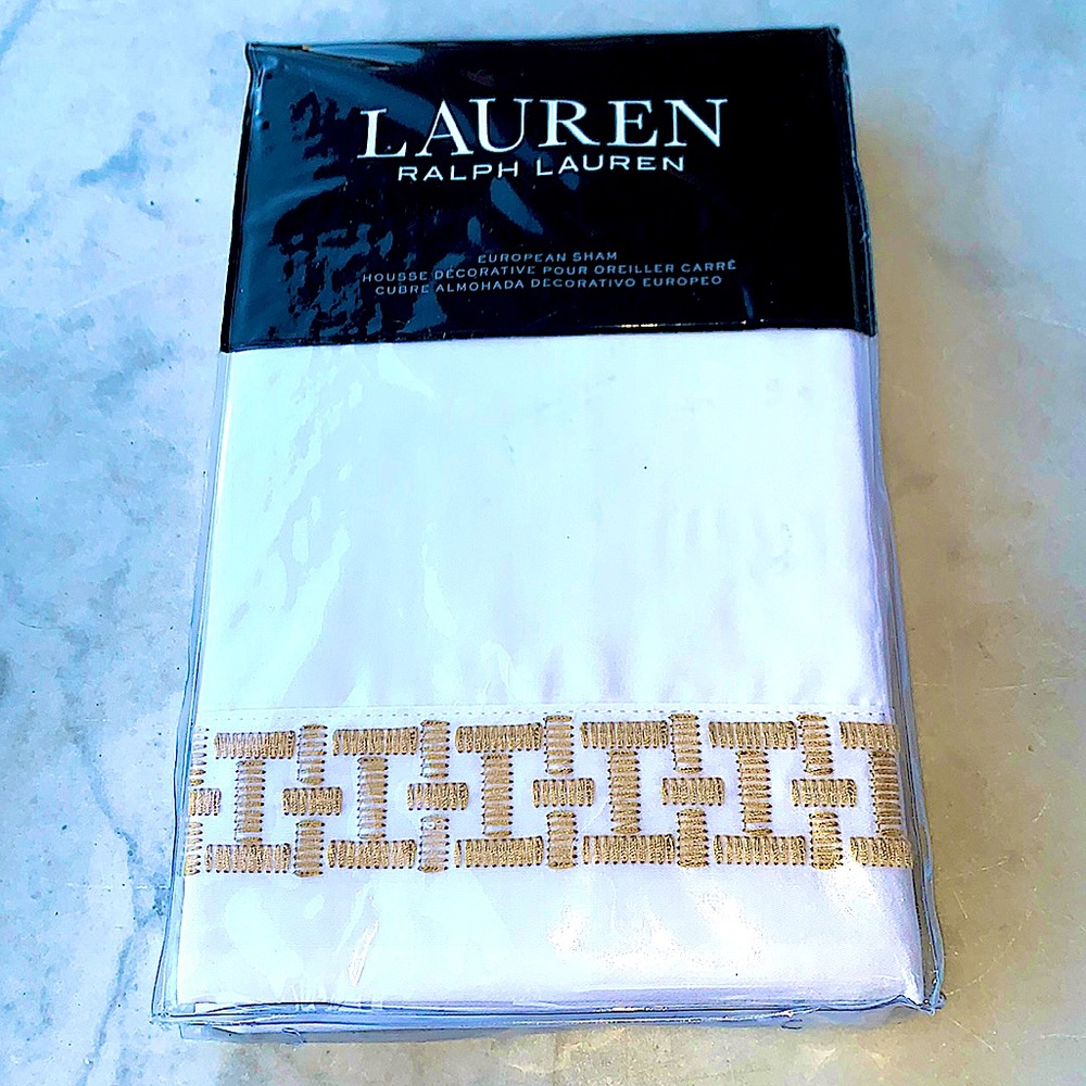 RALPH LAUREN SPENCER EMBROIDERY SATEEN WHT  WHEAT 300 COUNT COTTON EUROPEAN SHAM